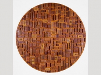 Ghana I, 1995, Asante gold weights, Ghana (Brighton Royal Pavilion & Museums, World Art Collection), perspex cases, African beeswax on board, 165 cms diameter