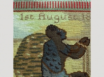 Sampler acc. 806 (detail), 1997, needle-point, wadding, brass studs on wooden frame, 46 x 51 cms