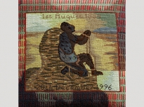 Sampler acc. 806, 1997, needle-point, wadding, brass studs on wooden frame, 46 x 51 cms