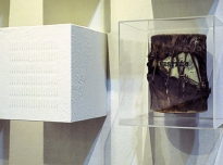 Provenance Unknown (detail), 1995, Drum (Brighton Royal Pavilion & Museums, World Art Collection), perspex case, milk powder on board