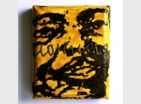 Clothing, 1998, graphite powder, poly vinyl acetate, photocopy transfer, African bees wax on canvas on board, 22 x 18 x 5 cms