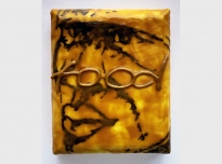Food, 1998, graphite powder, poly vinyl acetate, photocopy transfer, African bees wax on canvas on board' 22 x 18 x 5 cms