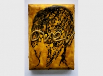 Over, 1998, graphite powder, poly vinyl acetate, photocopy transfer, African bees wax on canvas on board, 25 x 17 x 5 cms