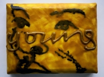 Young' 1998, graphite powder, poly vinyl acetate, photocopy transfer, African bees wax on canvas on board, 22 x 20 x 5 cms